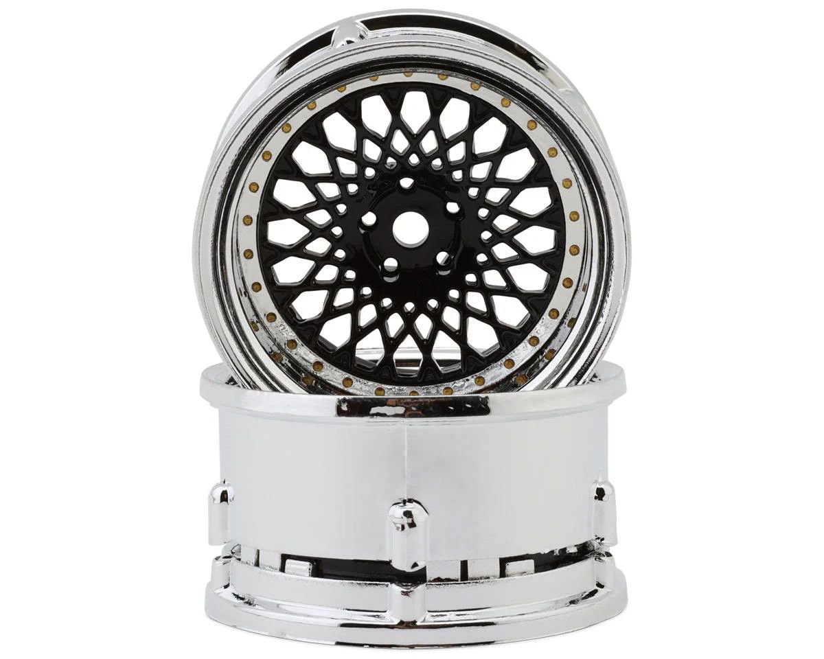 DSC-DE-313 DS Racing Element Mesh Drift Wheels (Black w/Chrome Lip &amp; Gold Rivets) (Adjustable Offset) (2) w/12mm Hex