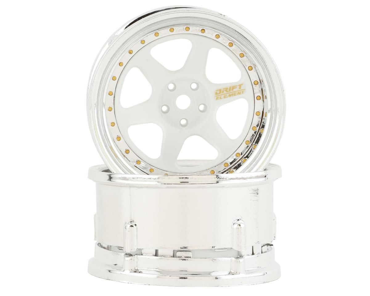 DSC-DE-211 DS Racing Drift Element 6 Spoke Drift Wheels (White &amp; Chrome w/Gold Rivets) (2) (Adjustable Offset) w/12mm Hex