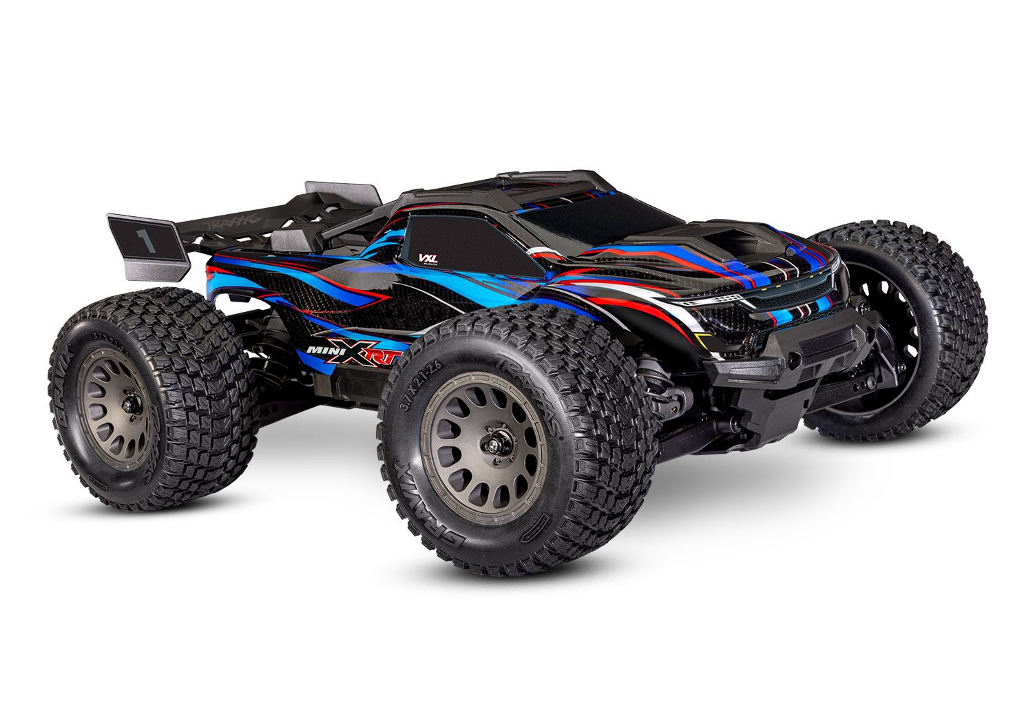 108076-1-BLUE Mini XRT: Maxx-scale monster truck, fully assembled, Ready-To-Race, with TQi 2.4 GHz radio system, Velineon VXL-3s brushless power system, and clipless painted body. Includes 2-cell LiPo