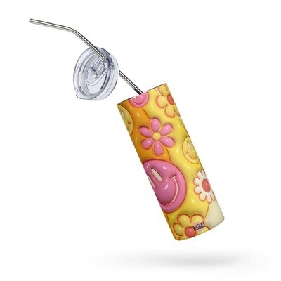 Sweetly Groovy: Retro Smilies &amp; Flowers 20oz Stainless-Steel Tumbler with Lid &amp; Metal Straw