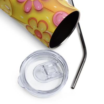 Sweetly Groovy: Retro Smilies &amp; Flowers 20oz Stainless-Steel Tumbler with Lid &amp; Metal Straw
