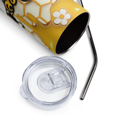 Puffed Honeycomb Bliss &#39;Bee Happy&#39; 20oz Stainless-Steel Tumbler with Lid &amp; Metal Straw
