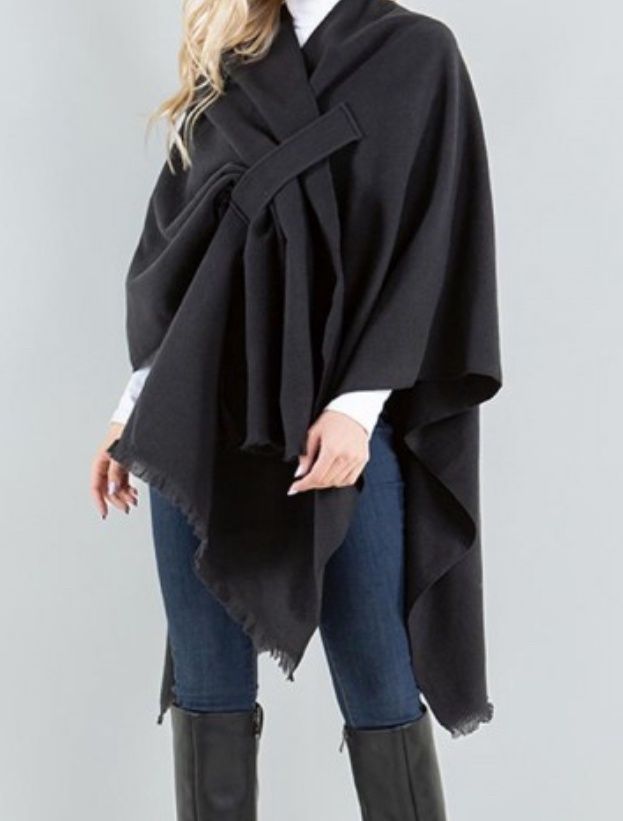 Fringe bottom pull through shawl, Color: Black