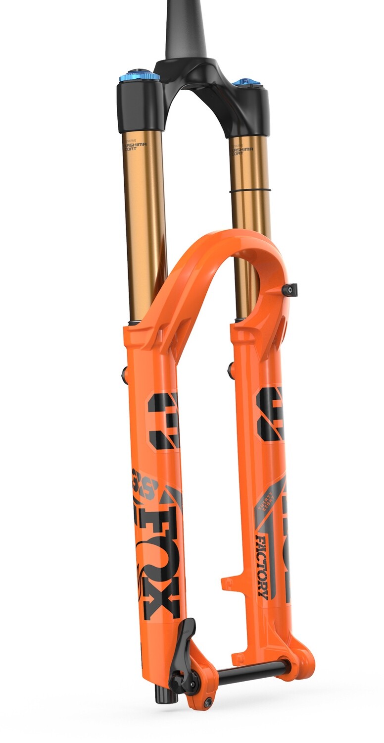 FOX 2022, 38, K, FLOAT, 27.5in, F-S, 180, Grip 2, HSC, LSC, HSR, LSR, Shiny BlkGloss Blk Logo, 15QRx110, 1.5 T, 58HT, 37mm Rake, AM Shiny Blk / Orange/Gloss Blk 27.5&quot;/180mm/1.5T/37mm