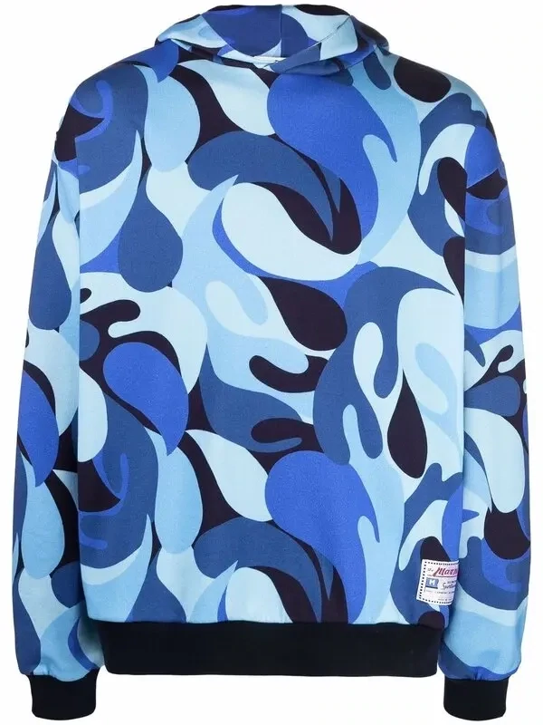 MARNI BLUE CAMOUFLAGE PRINT LOGO PATCH HOODIE