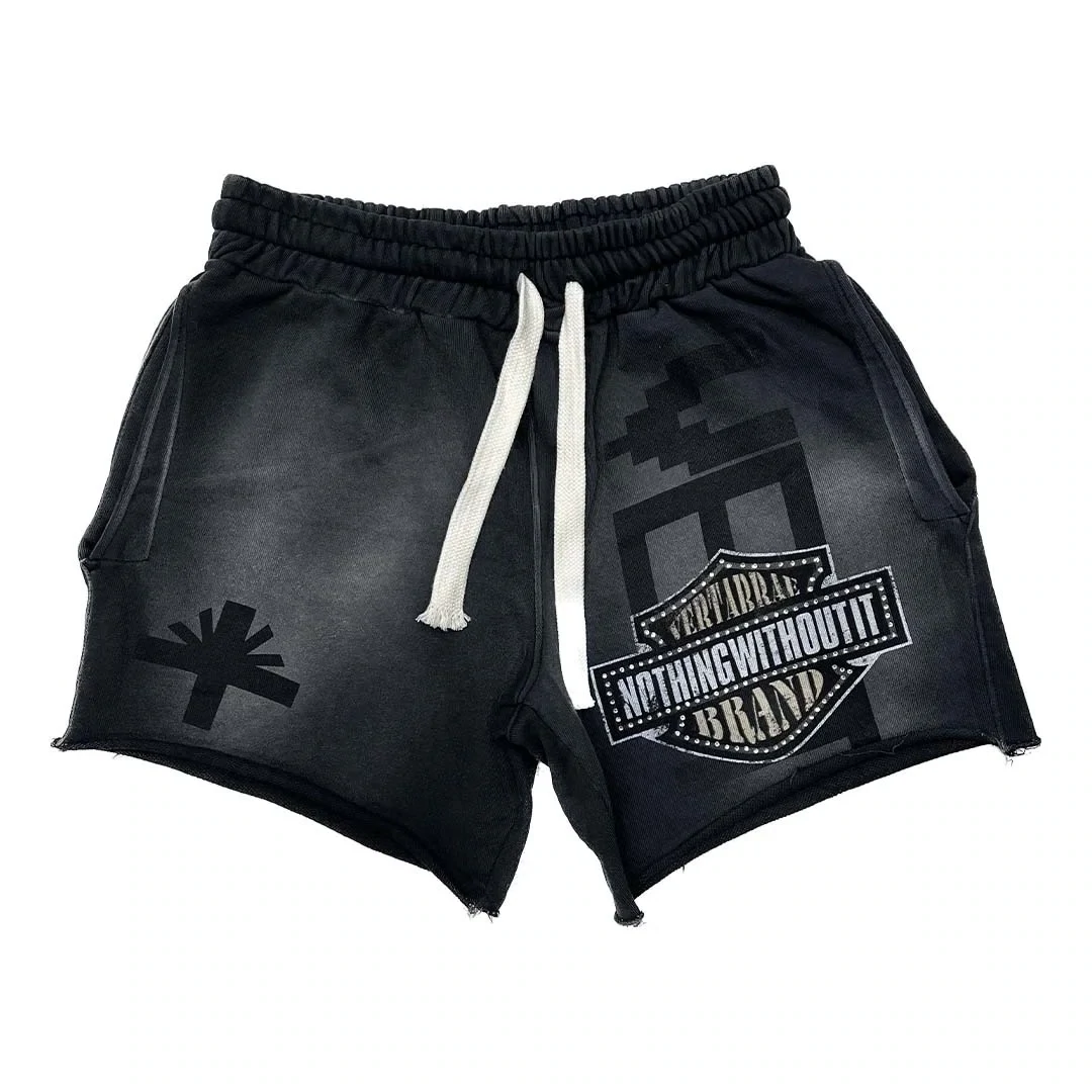 VERTABRAE BLACK DOUBLE EMBLEM SHORTS L