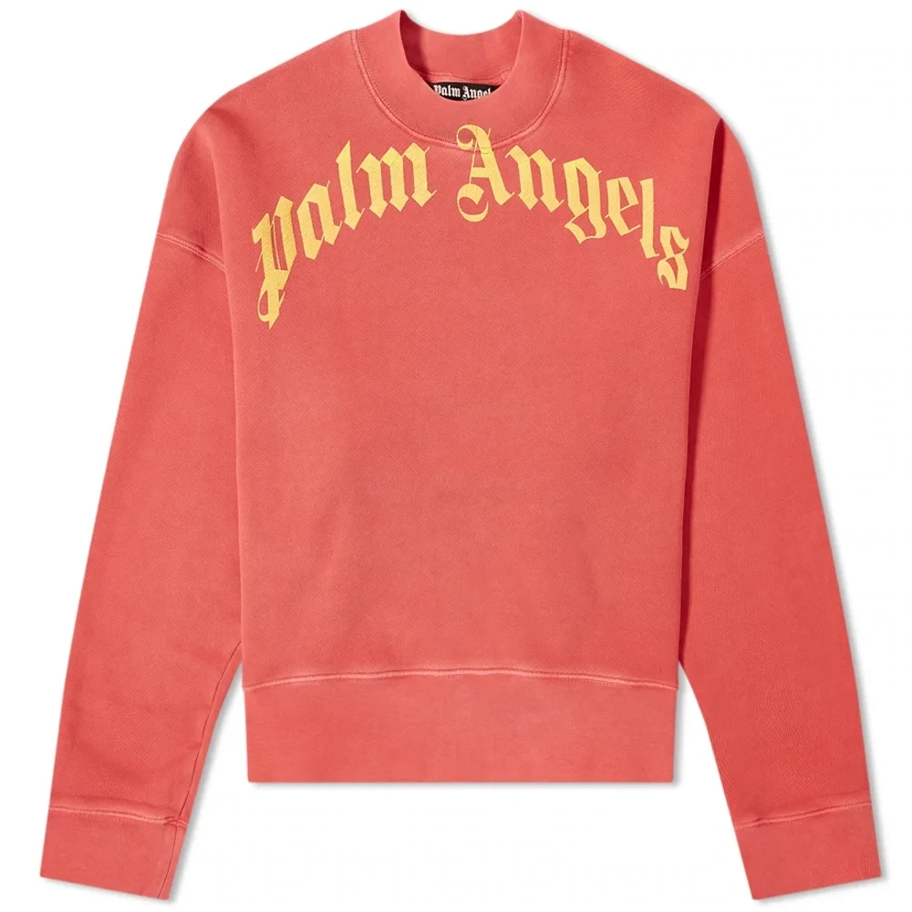 PALM ANGELS VINTAGE WASH CURVED LOGO CREWNECK RED/YELLOW
