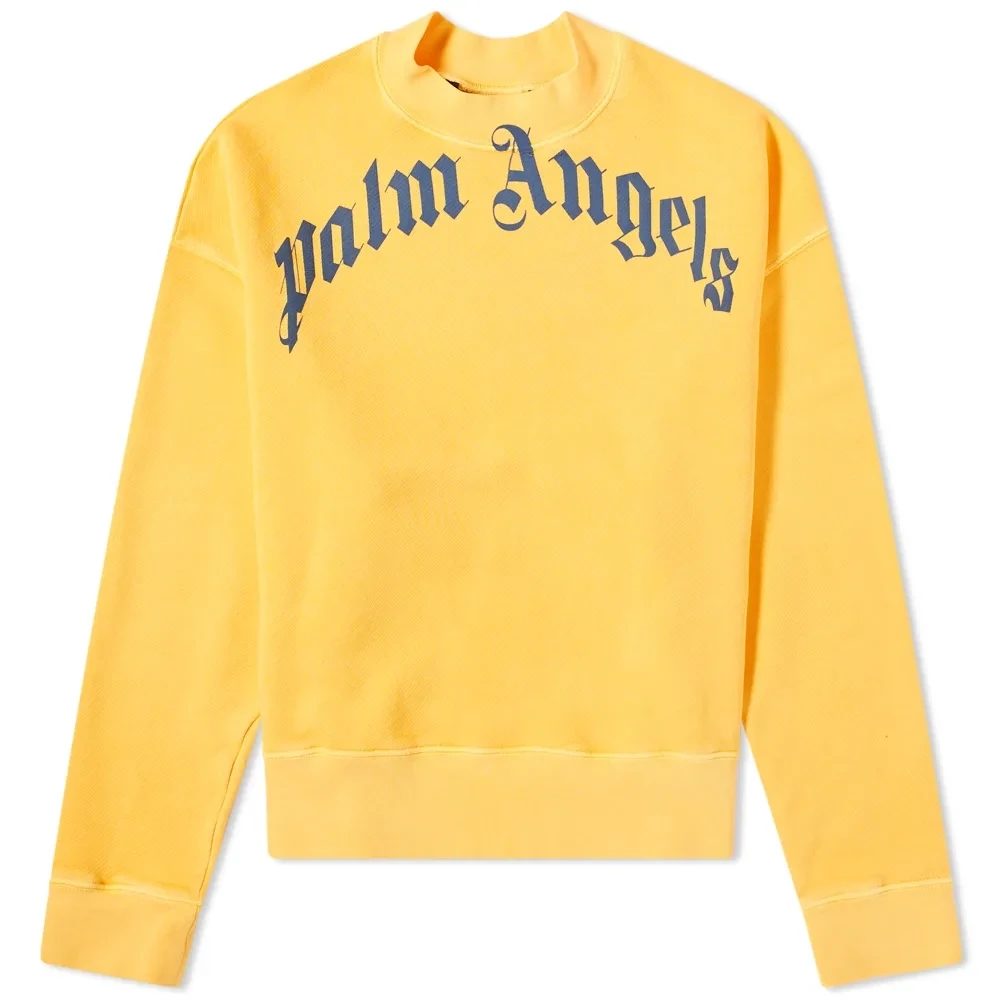 PALM ANGELS VINTAGE WASH CURVED LOGO YELLOW/NAVY CREW