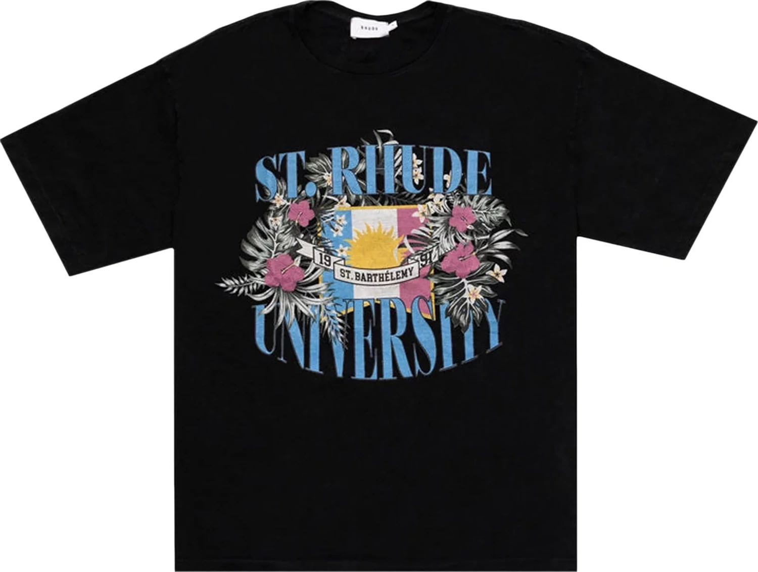 RHUDE PRINTED COLLEGE UNIVERSITY TEE BLACK