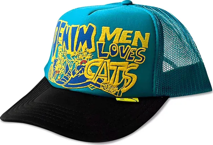 KAPITAL DENIM MEN LOVE CATS TRUCKER CAP - BLUE/BLACK