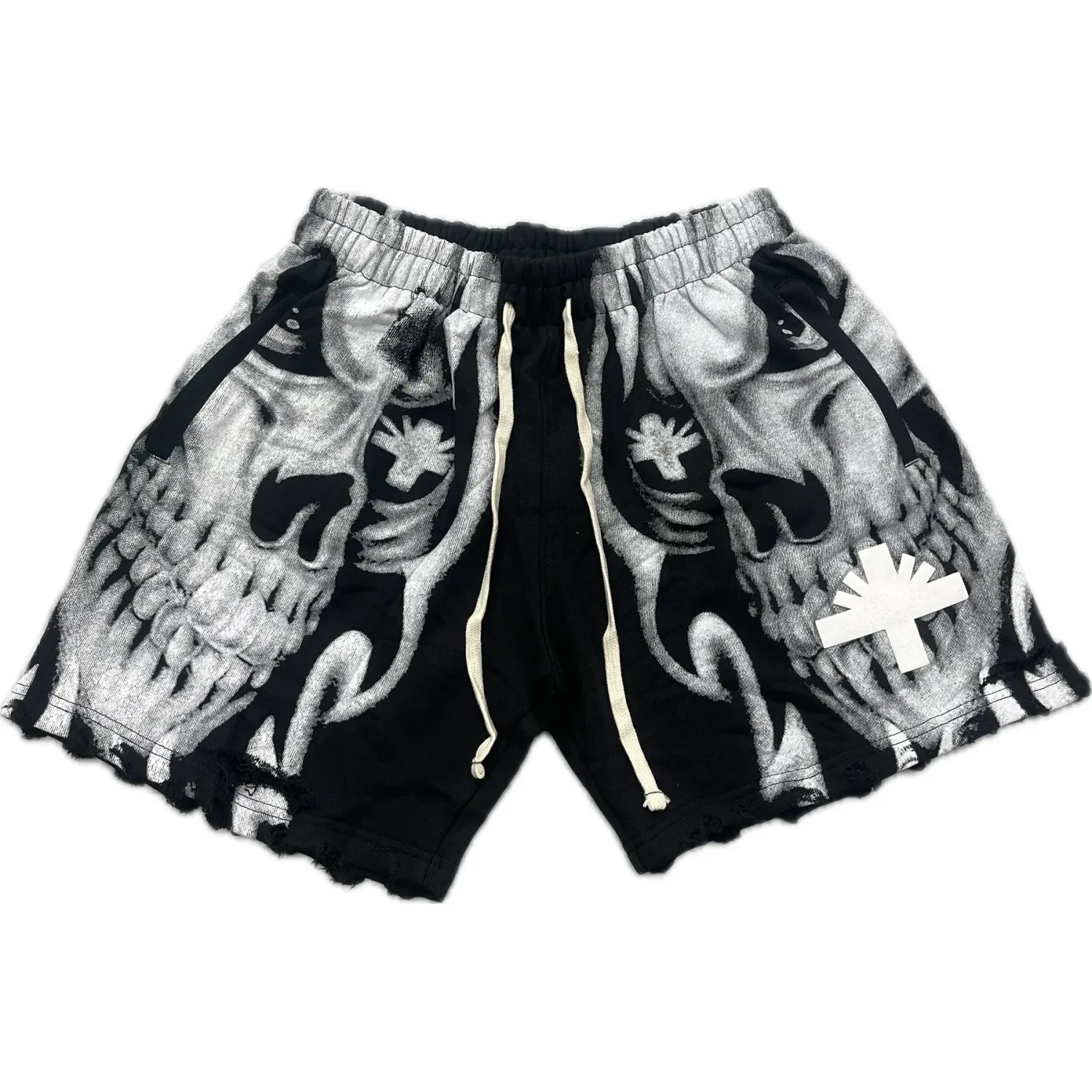 VERTABRAE BLACK SKULL STORM DISTRESSED SHORTS