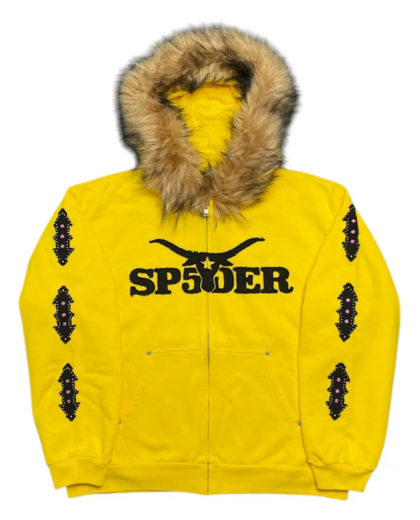 SP5DER FUR HOODED ZIP UP YELLOW