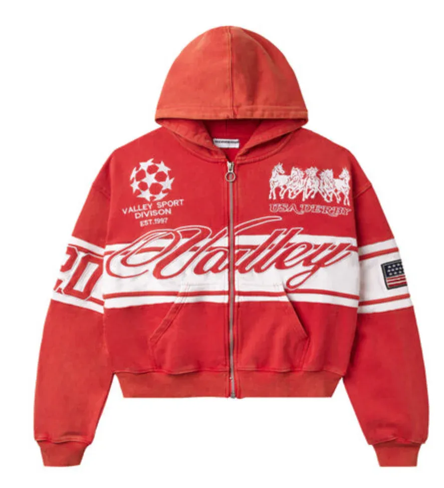 VALE RED CURSIVE ZIP UP HOODIE