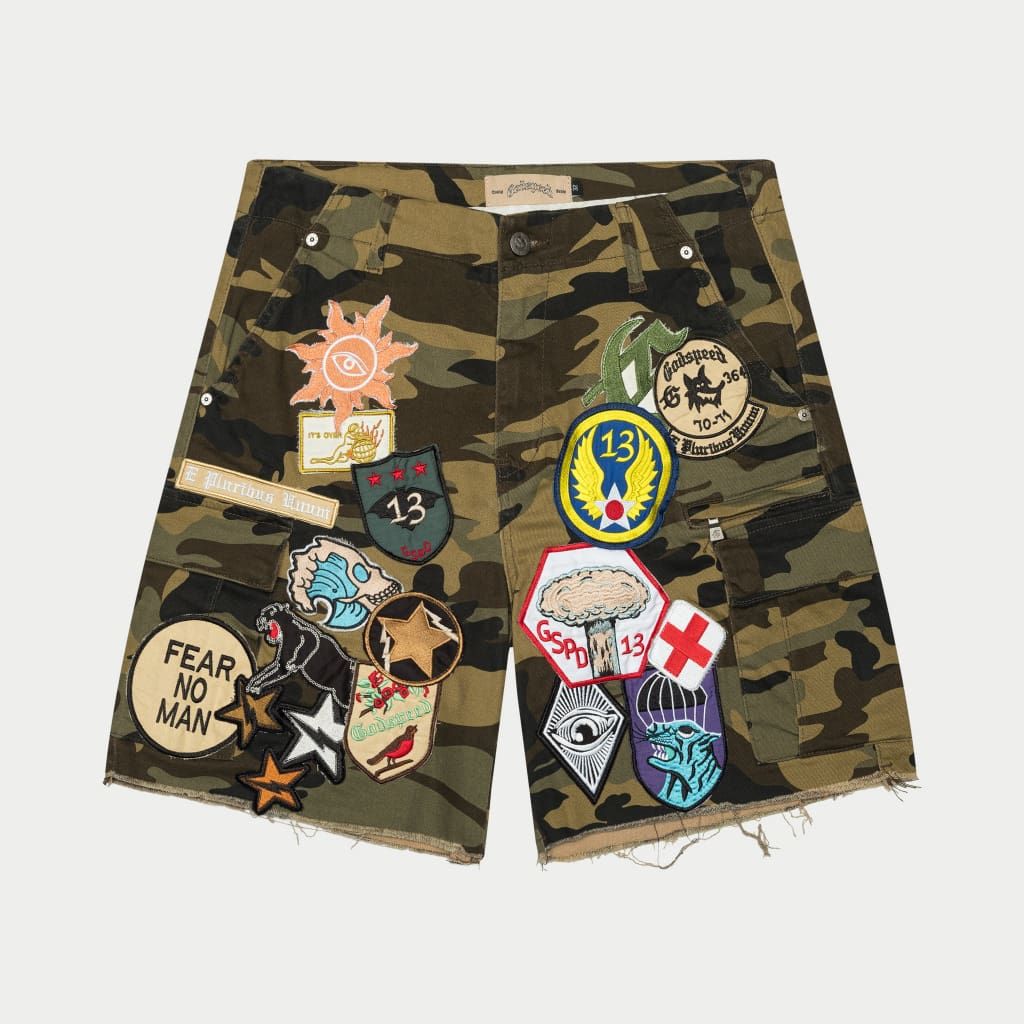 GODSPEED NY PATCHWORK CARGO SHORTS