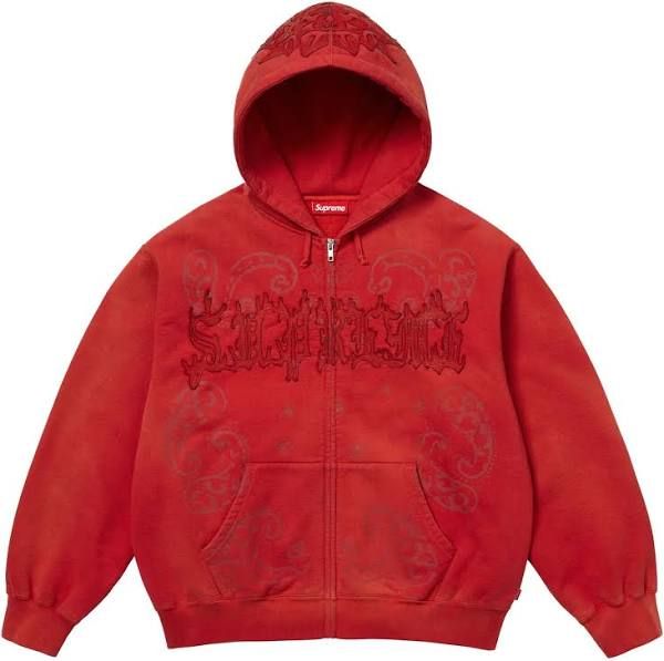 SUPREME LEATHER APPLIQUE ZIP UP HOODIE SWEATSHIRT