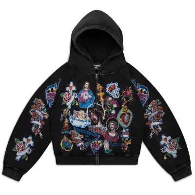 RIGHTEOUS RISEN KING  CROPPED BLACK ZIP UP HOODIE