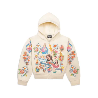 RIGHTEOUS RISEN KING CROPPED CREAM ZIP UP HOODIE