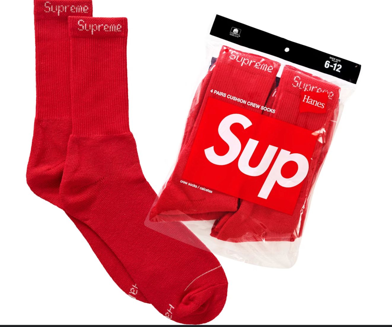 SUPREME HANES SOCKS RED 4 PK