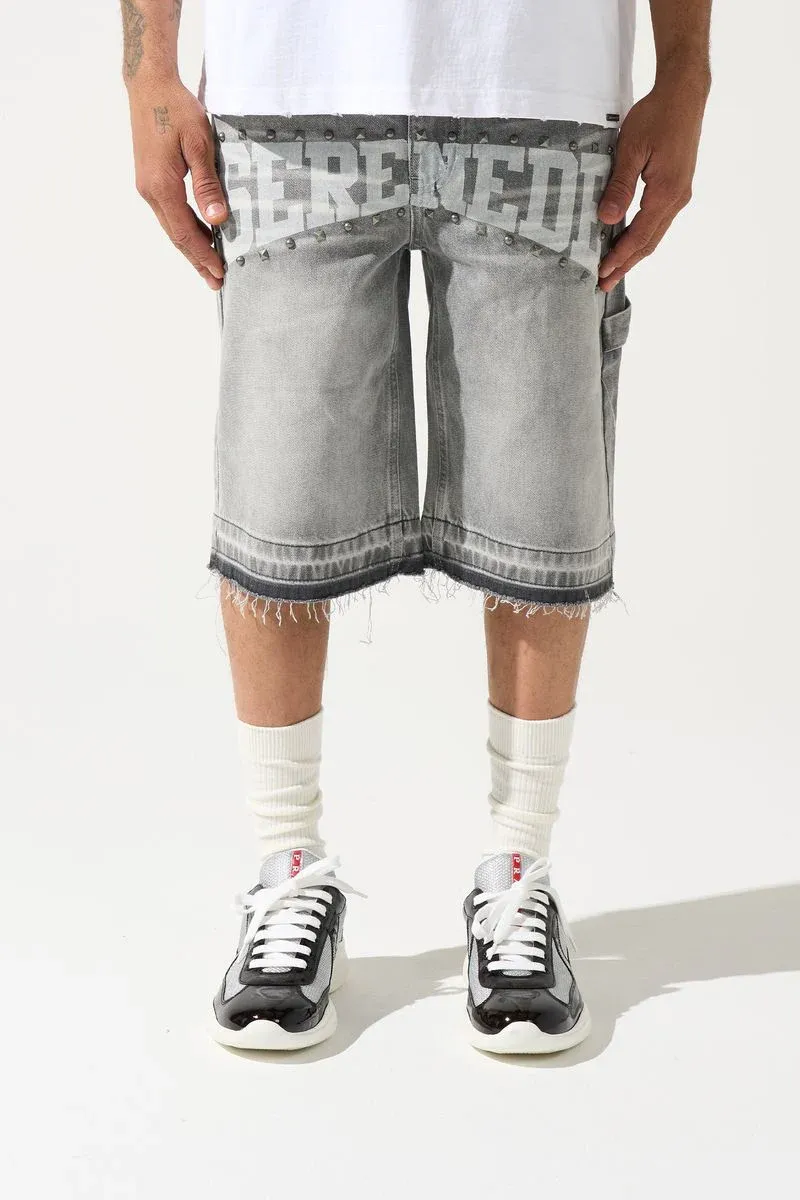 SERENEDE ATELIER DENIM SHORTS VINTAGE GREY STUD LOGO PRINT