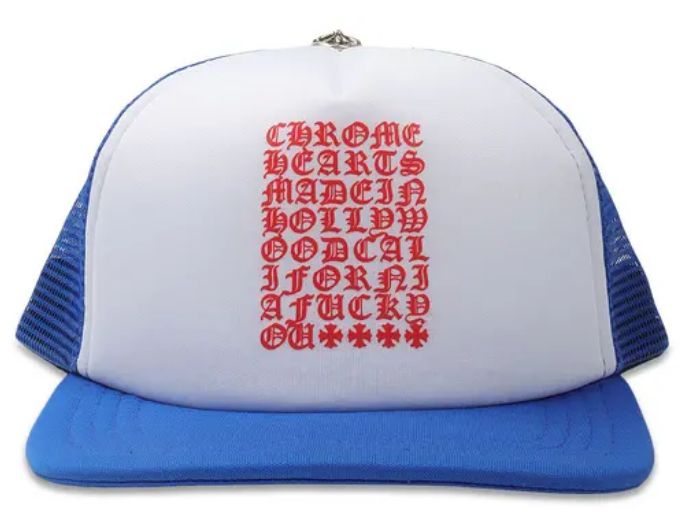 CHROME HEARTS EYECHART TRUCKER HAT BLUE/WHITE/RED