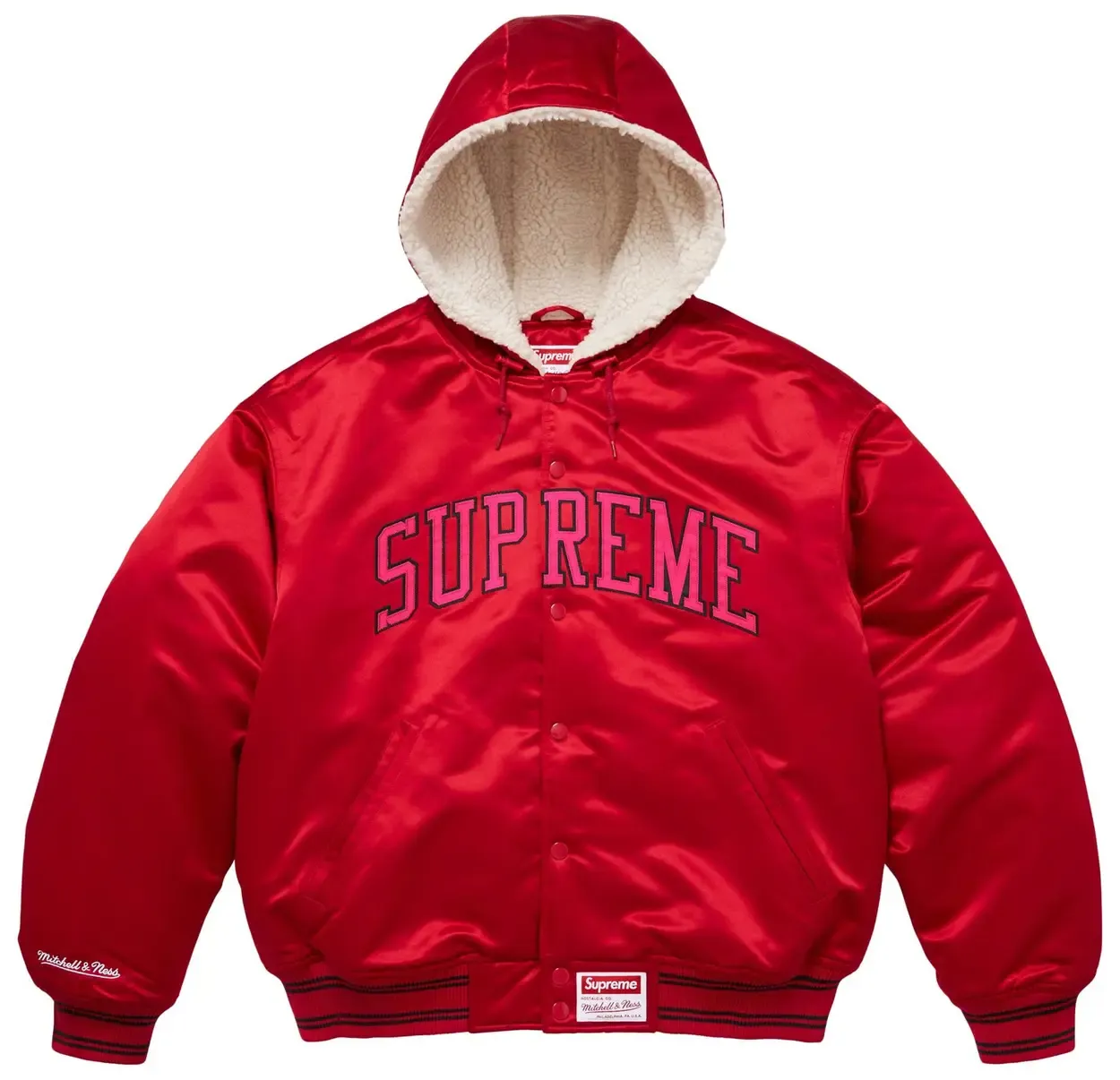 SUPREME M&amp;N LINED HOODED SATIN VARSITY JACKET RED