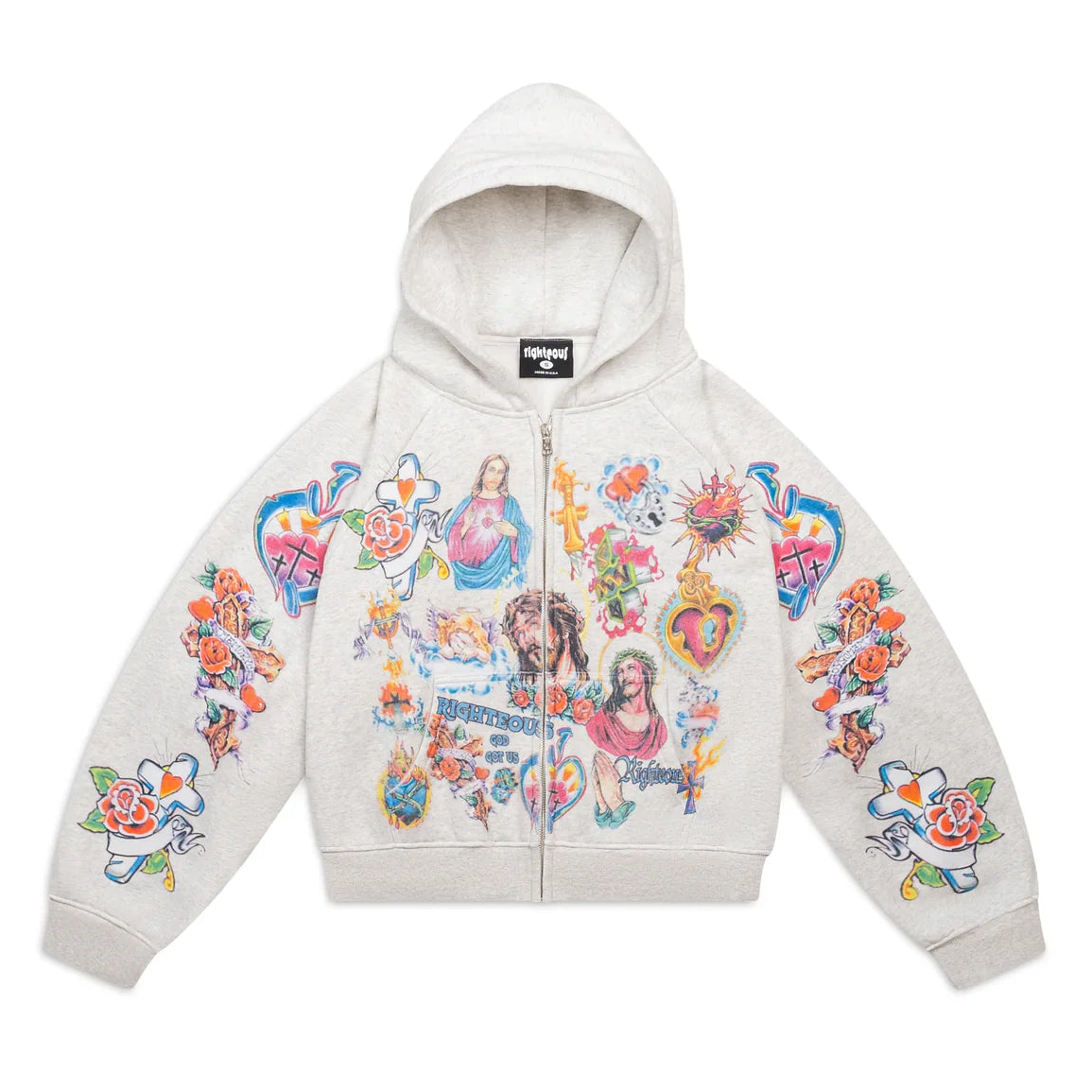 RIGHTEOUS RISEN KING CROPPED ZIP UP HOODIE GREY