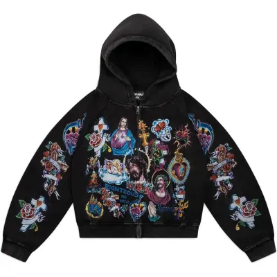 RIGHTEOUS RISEN KING CROPPED ZIP UP HOODIE BLACK