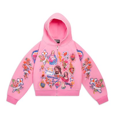 RIGHTEOUS RISEN KING CROPPED ZIP UP HOODIE PINK