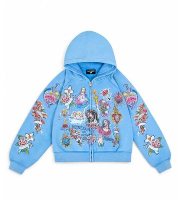 RIGHTEOUS RISEN KING CROPPED ZIP UP HOODIE BLUE