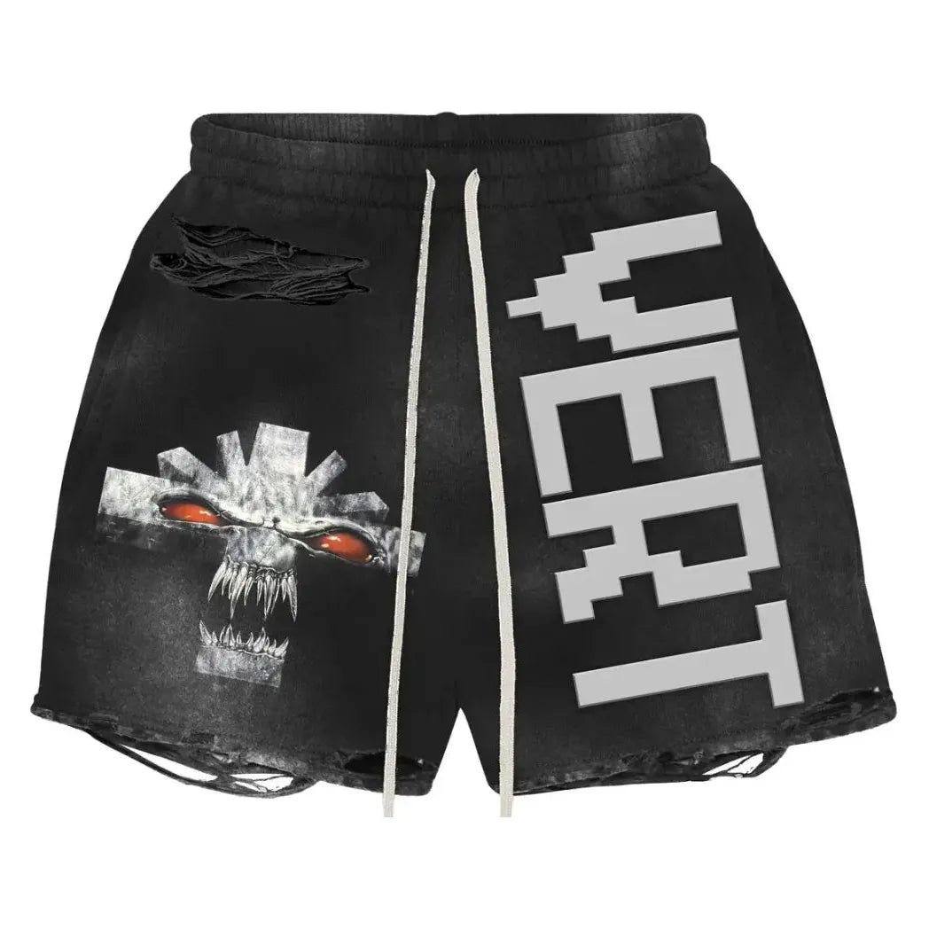 VERTABRAE VONSTER CROSS DISTRESSED SHORTS BLACK