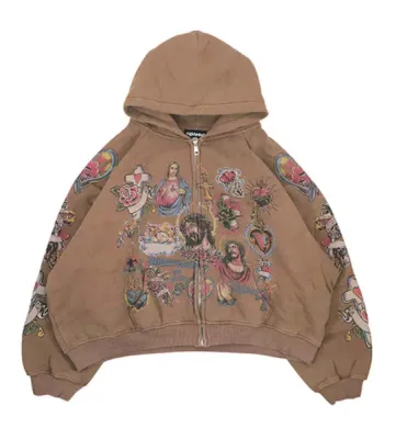 RIGHTEOUS RISEN KING CROPPED ZIP UP HOODIE BROWN