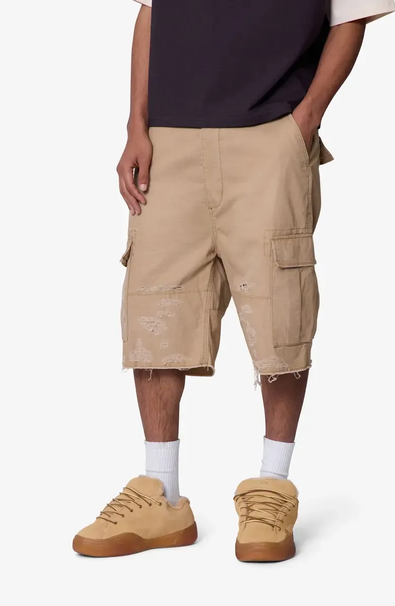MNML BAGGY DISTRESSED CARGO SHORTS KHAKI