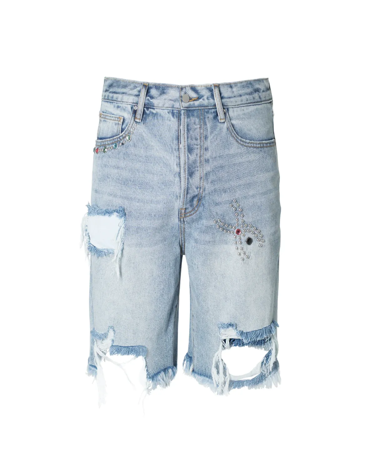 MNML DISTRESSED SPIDER DENIM SHORTS