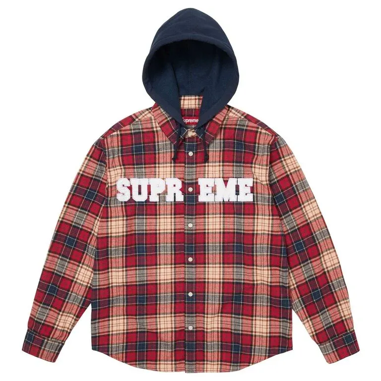 SUPREME APPLIQUE HOODED FLANNEL SHIRT NAVY/RED
