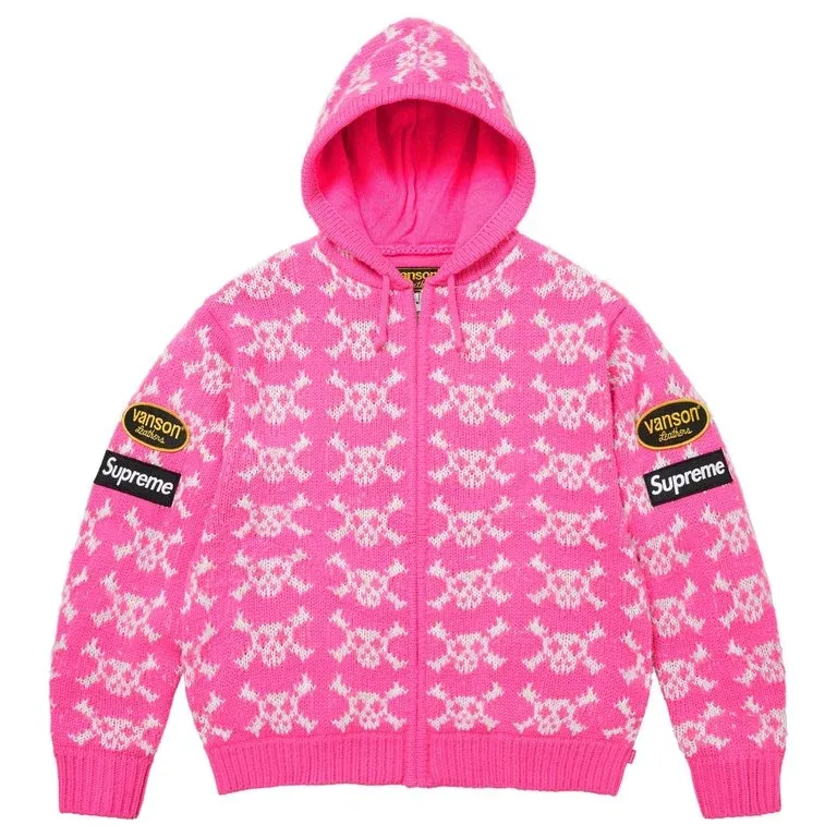 SUPREME VANSON LEATHER SKULL ZIP UP HOODED SWEATER PINK