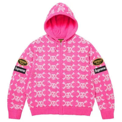 SUPREME VANSON LEATHER SKULL ZIP UP HOODED SWEATER PINK