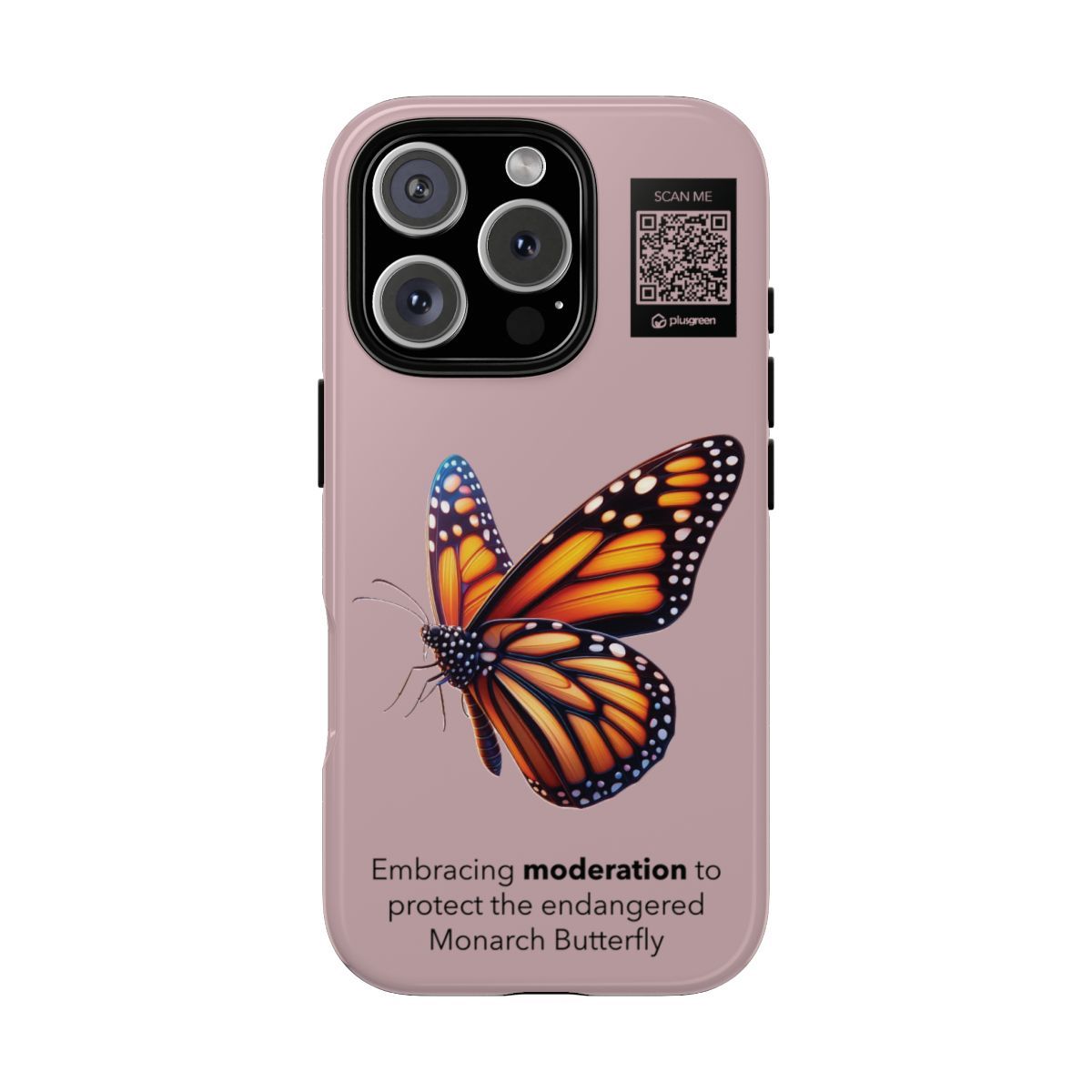 Monarch Butterfly Phone Case (Tough, muted pink), Finishes: Glossy, Phone models: iPhone 16 Pro
