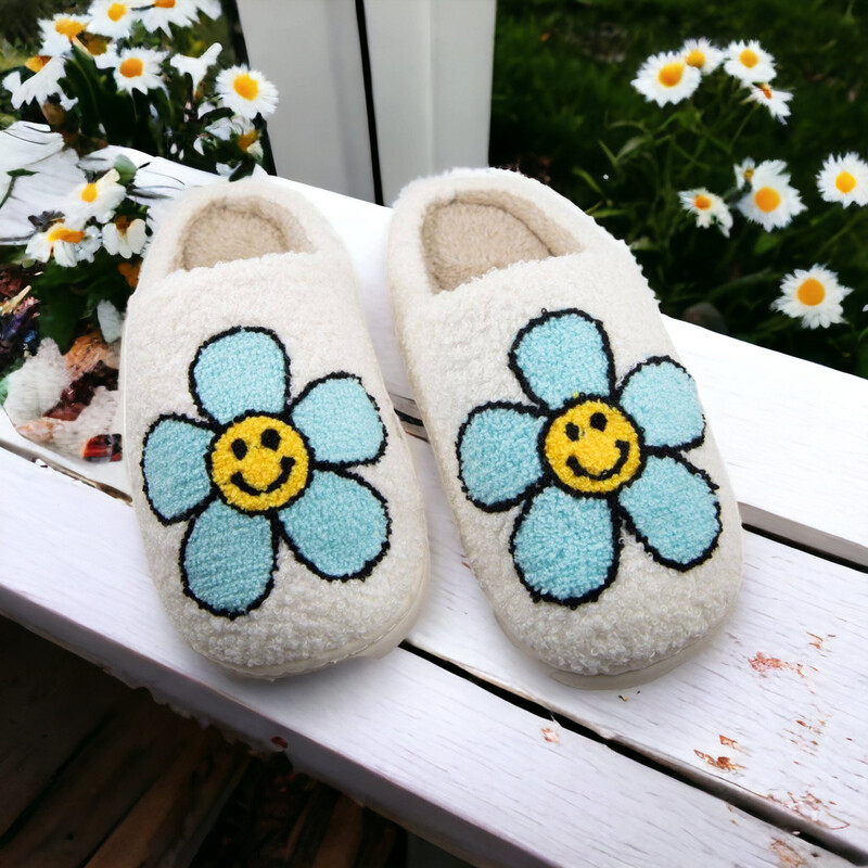 Mint Daisy Happy Face Slippers