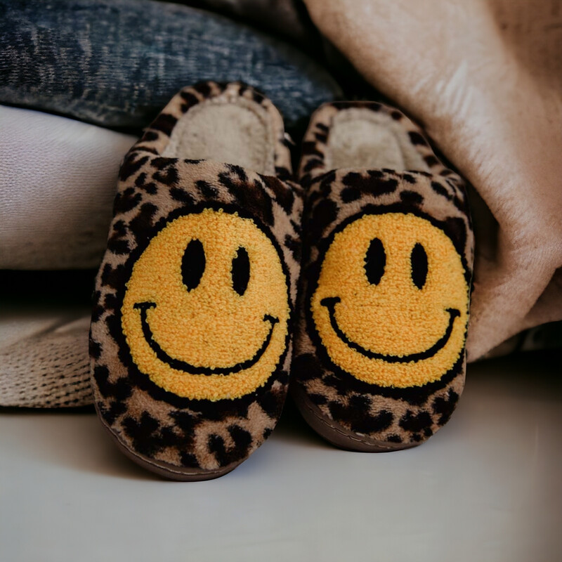 Leopard Happy Face Sherpa Slippers