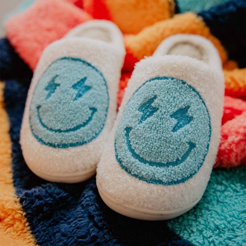 Turquoise Lightning Eyes Smiley Face Fuzzy Slippers