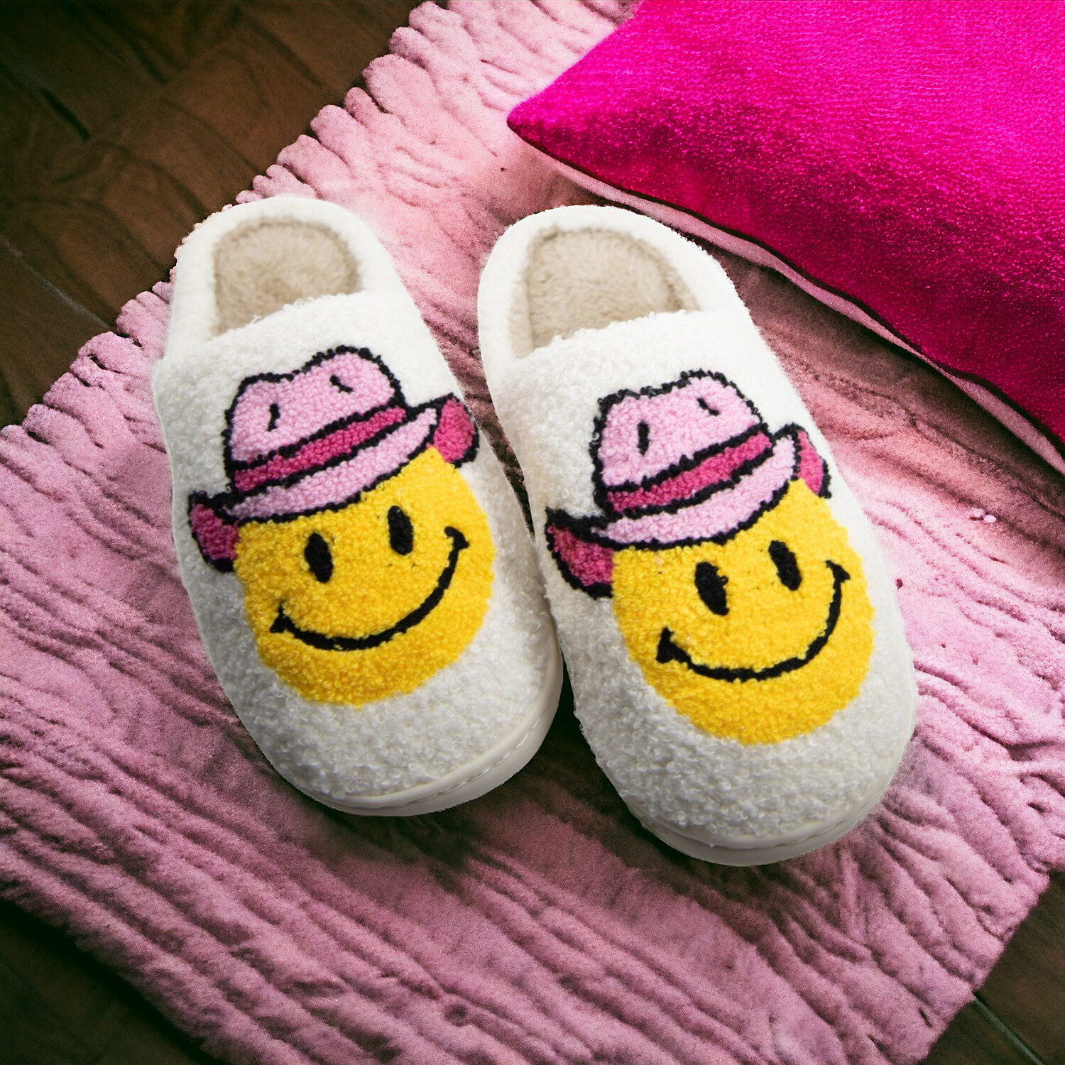 Pink Cowgirl Hat Western Fuzzy Slippers