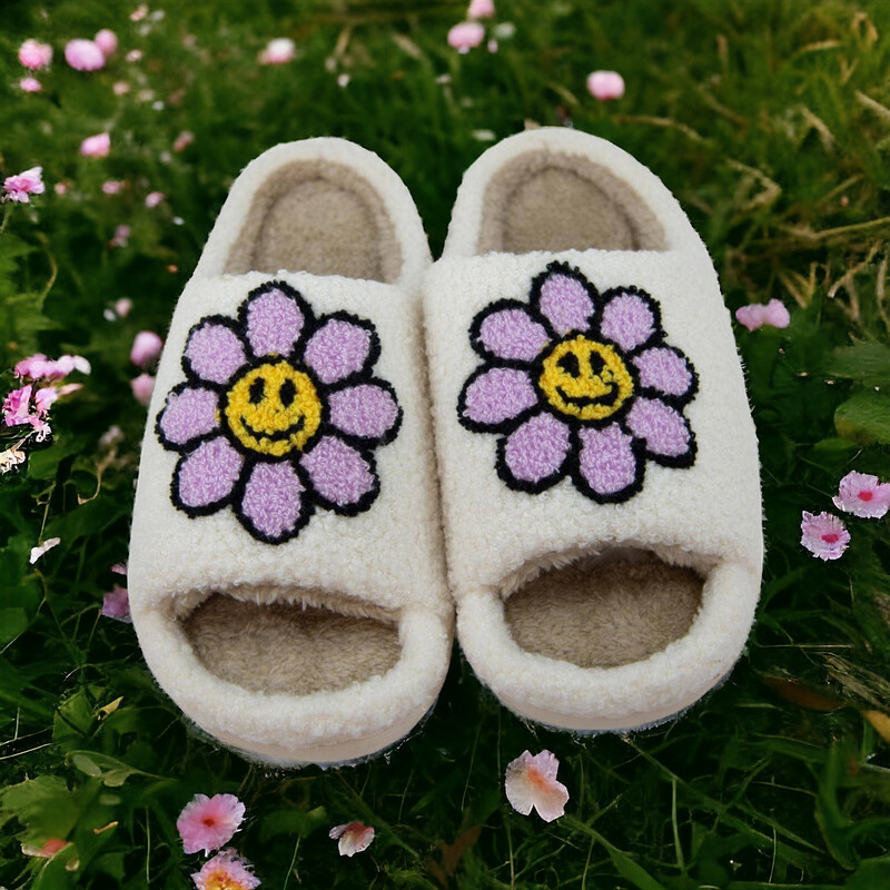 Lavender Daisy Happy Face Open Toe Slippers