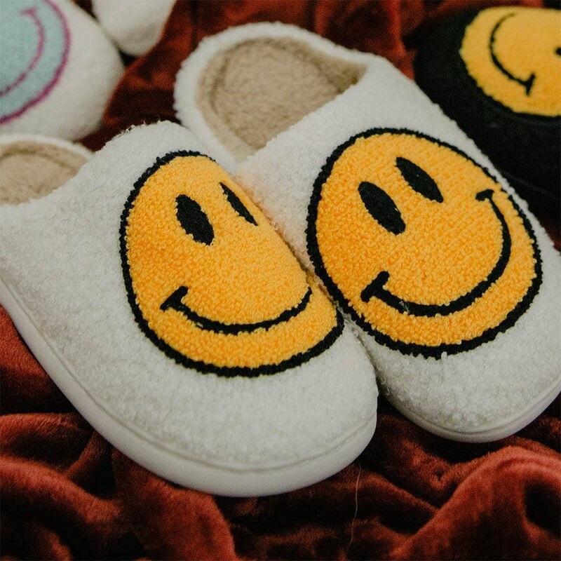 White Happy Face Fuzzy Slippers