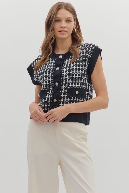 Navy Checkered Knit Vest with Buttons