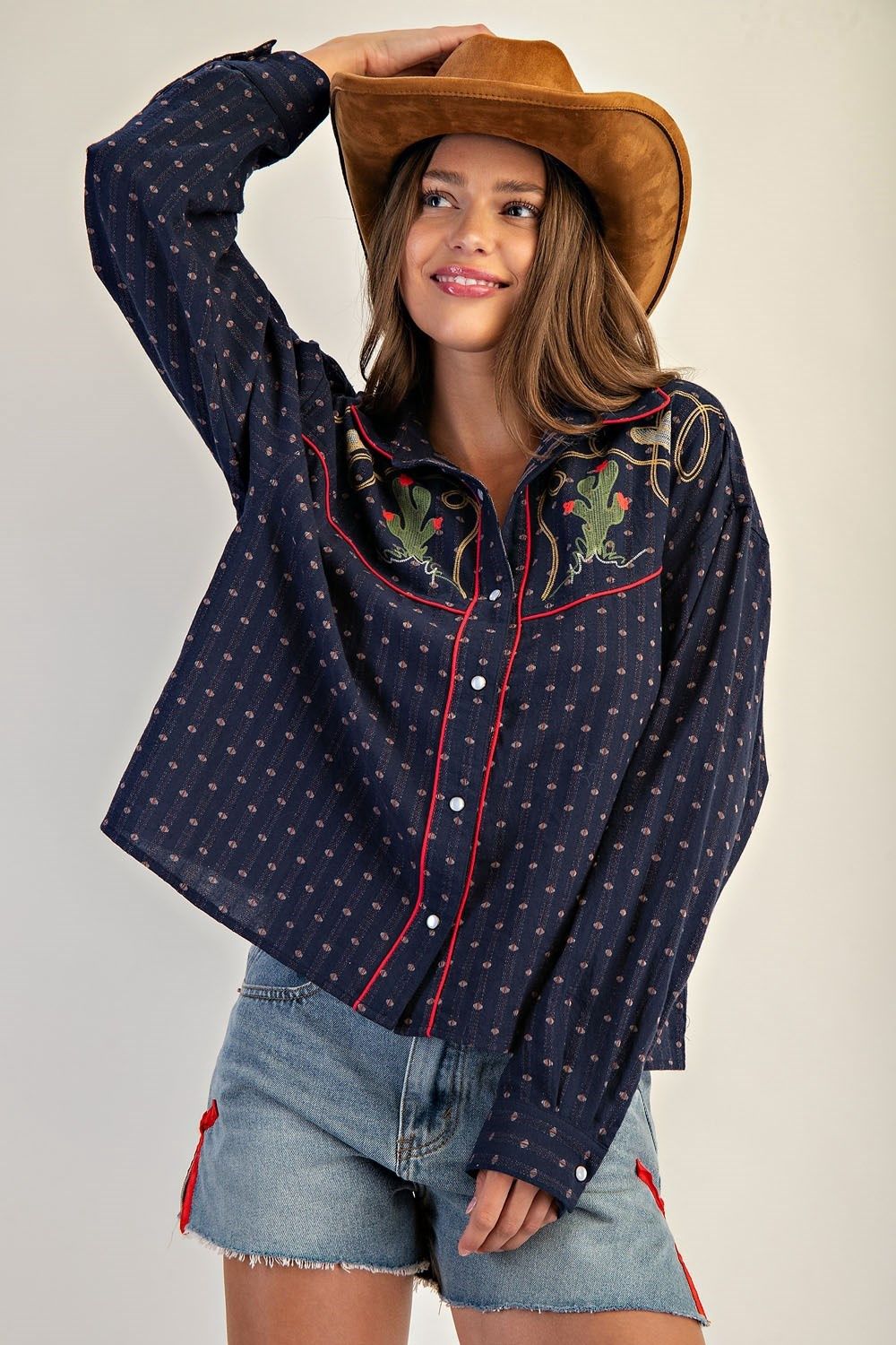 Navy Western Embroidered Button Down Top