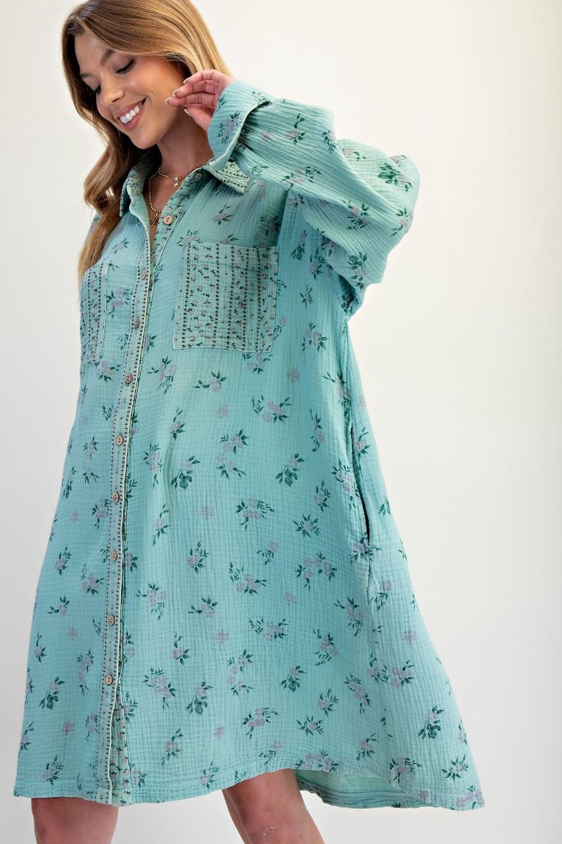 Atlantis Green Cotton Gauze Shirt Dress