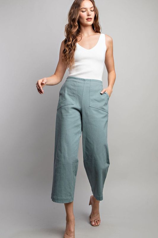 Soft Washed Straight Crop Leg Pants - Sage