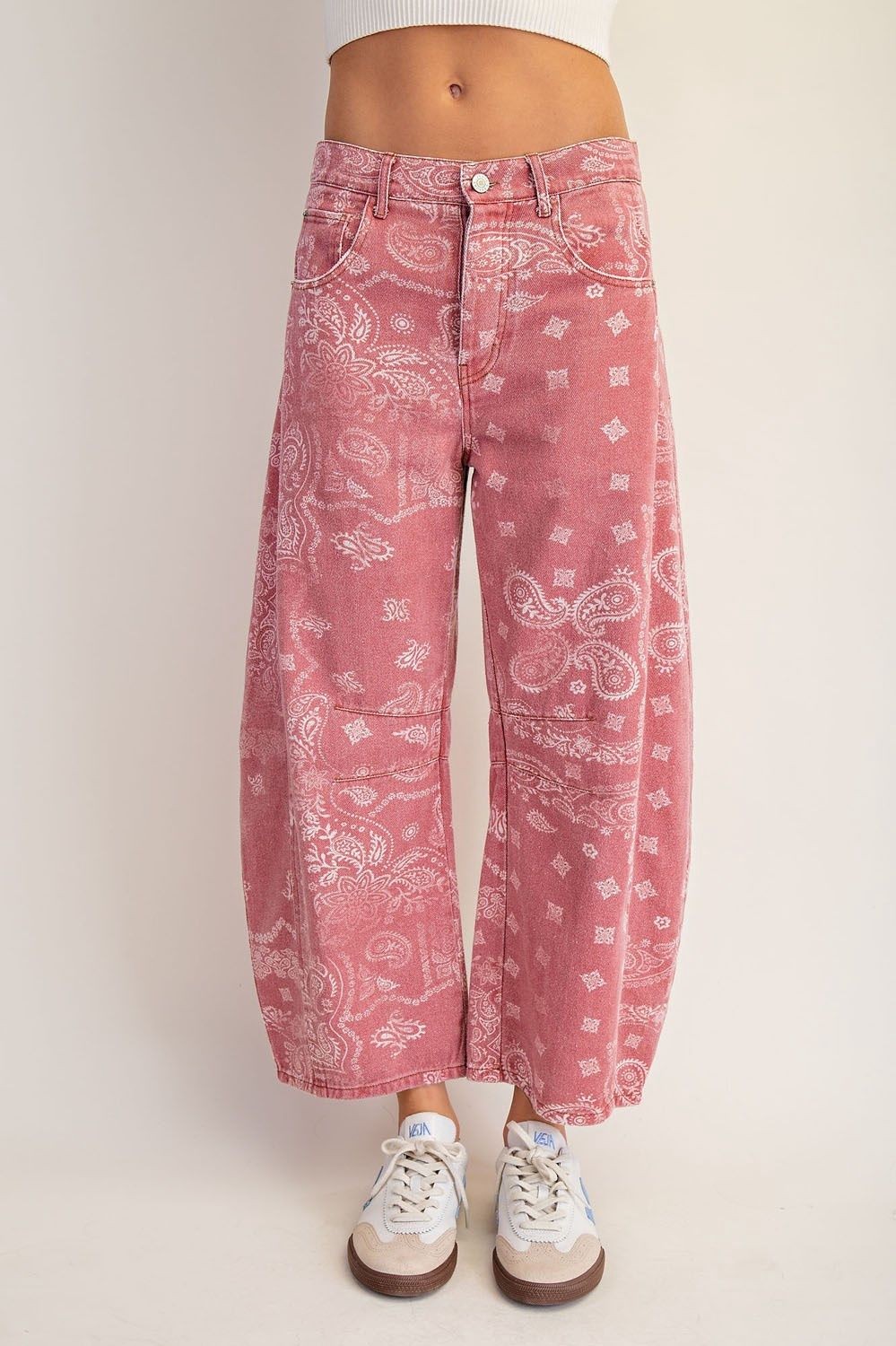 Dusty Rose Paisley Print Barrel Jeans