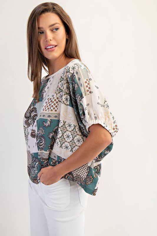 Green Patchwork Print Boxy Top