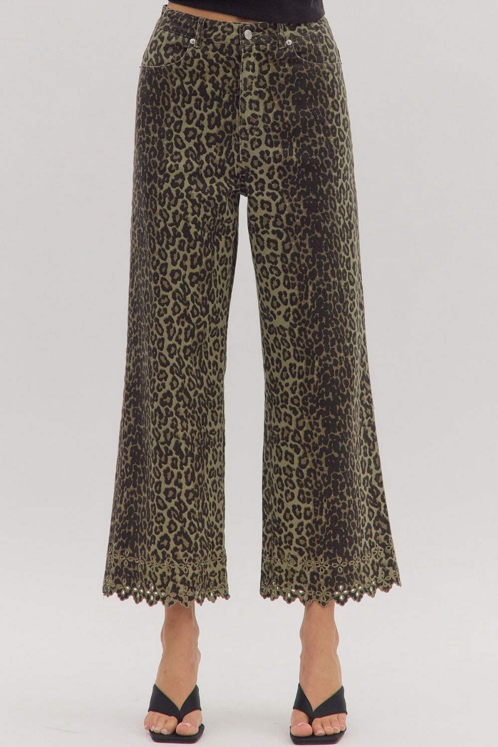 Olive Leopard Embroidery Hem Pants